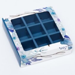 Коробка под 9 конфет с обечайкой &quot; Голубые цветы &quot; с окном 14,5 х 14,5 х 3,5 см