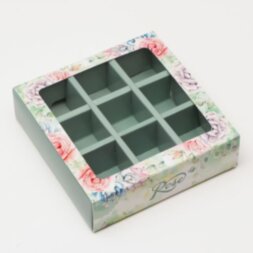 Коробка под 9 конфет с обечайкой &quot;Rose&quot; с окном, 14,5 х 14,5 х 3,5 см