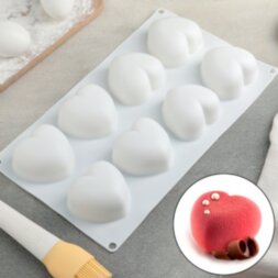 Форма для муссовых десертов и выпечки «Сердца», 30×17 см, 8 ячеек, цвет белый