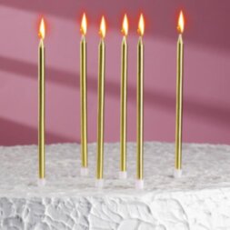 Свечи в торт &quot;С днём рождения&quot; 6 шт, высокие, Золотой металлик