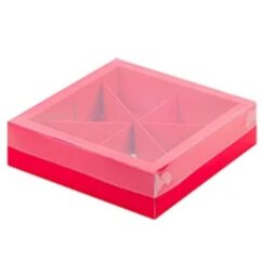 Коробка под ассорти сладостей с пластиковой крышкой 200*200*55 мм (4 или 6 ячеек) (красная матовая)