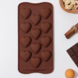 Форма для шоколада «Сердечки», 21×10,5×1,5 см, 12 ячеек, цвет шоколадный