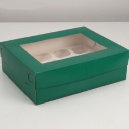 Коробка для капкейков с окном на 12шт Изумрудная (5шт) 32,5 х 25,5 х 10 см