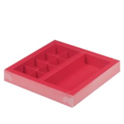 Коробка с пластиковой крышкой для конфет 300*195*30мм+для шоколад.плитки 160*80мм(красная матовая)