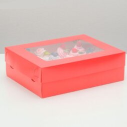 Коробка для капкейков с окном на 12шт Красная (5шт) 32,5 х 25,5 х 10 см