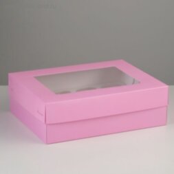 Коробка для капкейков с окном на 12шт Розовая (5шт) 32,5 х 25,5 х 10 см