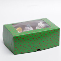 Упаковка на 6 капкейков с окном &quot;Сердечки&quot;, зеленая, 25 х 17 х 10 см