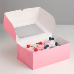 Коробка для капкейков с окном на 6шт Розовая-матовая (50шт)