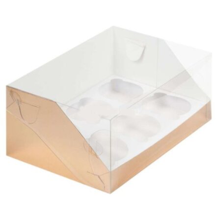 Коробка для капкейков с пластиковой крышкой 235*160*100 (6) золото (кор 50шт)