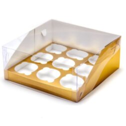 Коробка для капкейков с пластиковой крышкой 235*235*100 (9) Золото (кор 50шт)