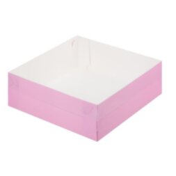 Коробка для зефира и пирожных с пластиковой крышкой 200*200*70 мм (розовая матовая)