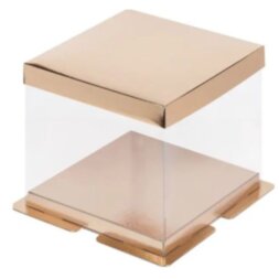 Коробка под торт премиум с пъедесталом прозрачная 300*300*200 (золото)(кор 25шт)