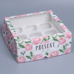 Коробка складная на 9 капкейков с окном «Розы», 25 х 25 х 10 см