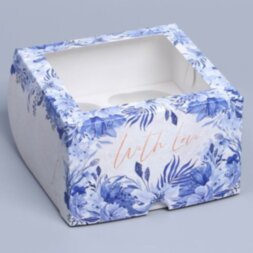 Коробка складная на 4 капкейка с окном «Синие цветы», 16 х 16 х 10 см