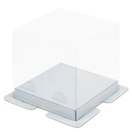 Коробка под торт премиум с пъедесталом прозрачная 300*300*200 (серебро)(кор 25шт)