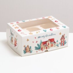 Коробка картонная на 6 капкейков &quot;Merry Christmas&quot;, с окном, 25 х 17 х 10 см