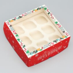 Коробка складная на 9 капкейков с окном «Тёплых праздников!», 25 х 25 х 10 см