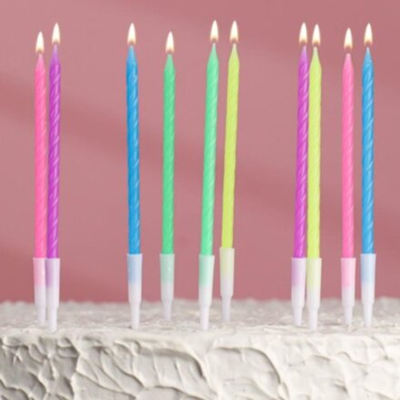 Набор свечей для торта &quot;С Днём Рождения&quot;, неоновые, с подставкой, 10 шт