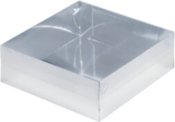 Коробка для зефира, тортов и пирожных с пластиковой крышкой 200*200*70 мм. (серебро)